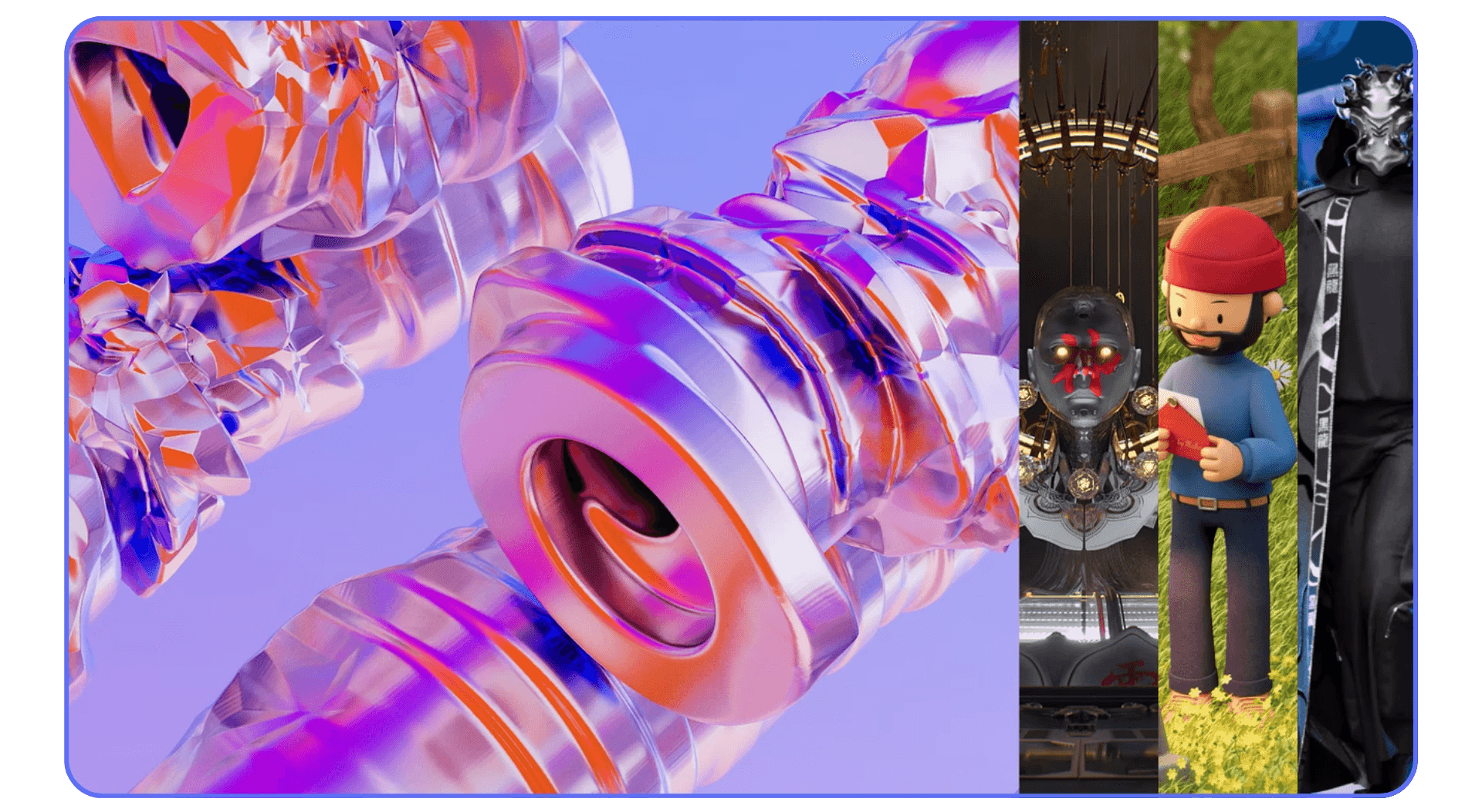 Collage of 3D artworks including reflective crystal shapes, stylized characters, and detailed digital sculptures.