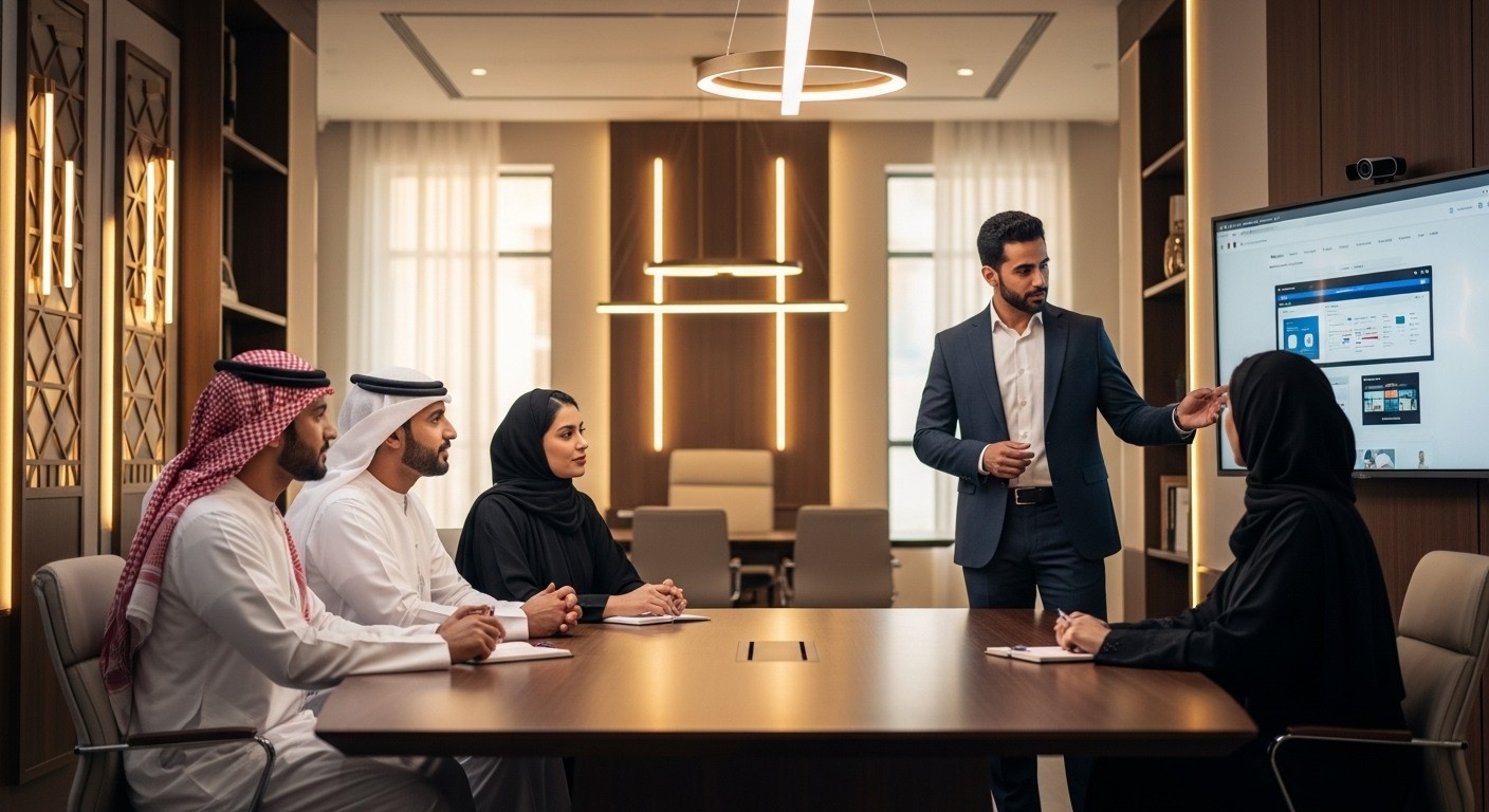 A meeting scene with four individuals, two men in traditional Saudi thobes and two women in hijabs, sitting at a conference table with open laptops. A fifth person, a man in a business suit, is standing and speaking to them. The image is used on a website for a No-Code Agency in Egypt.