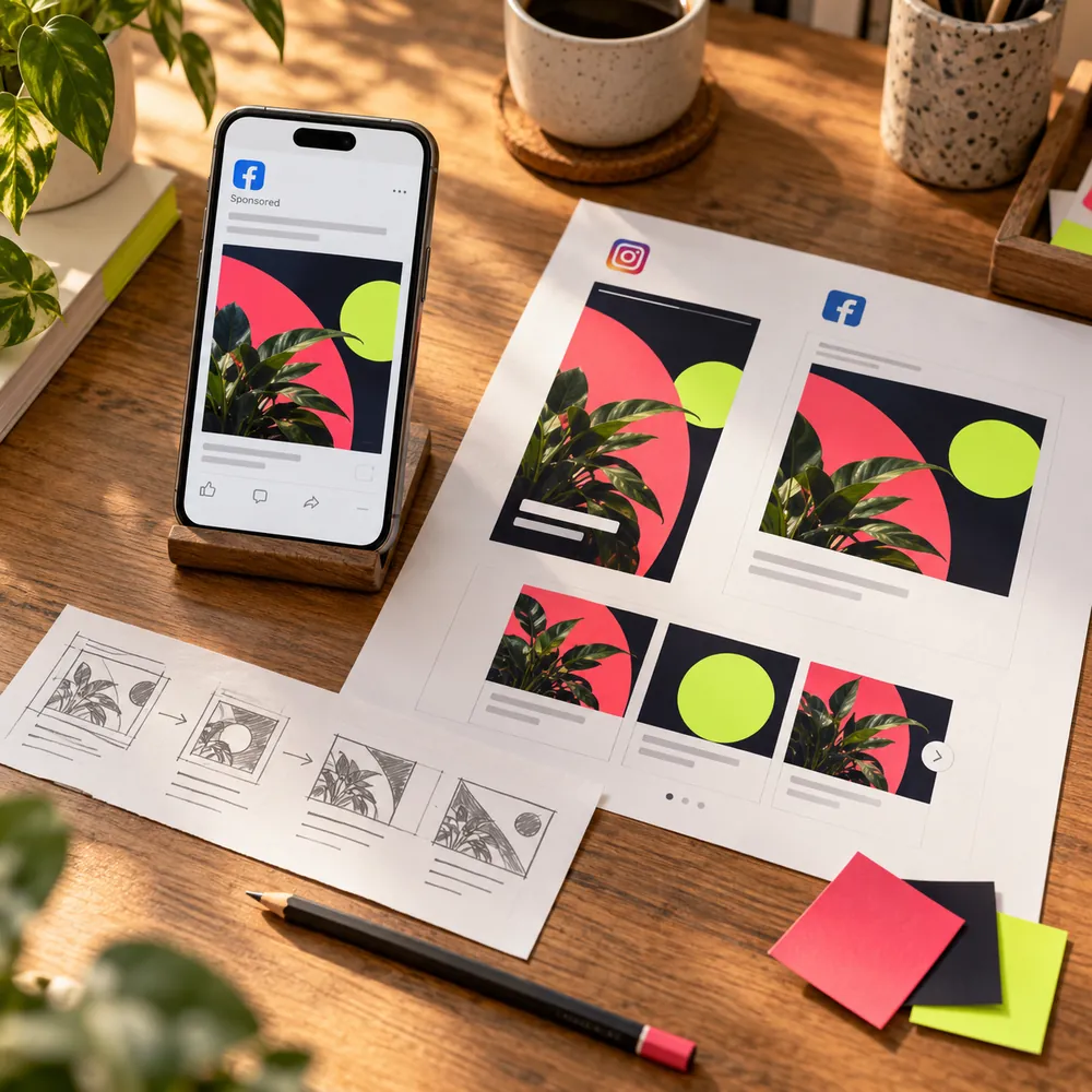 Des maquettes de publicités Facebook et Instagram sont préparées en plusieurs formats dans un studio créatif.