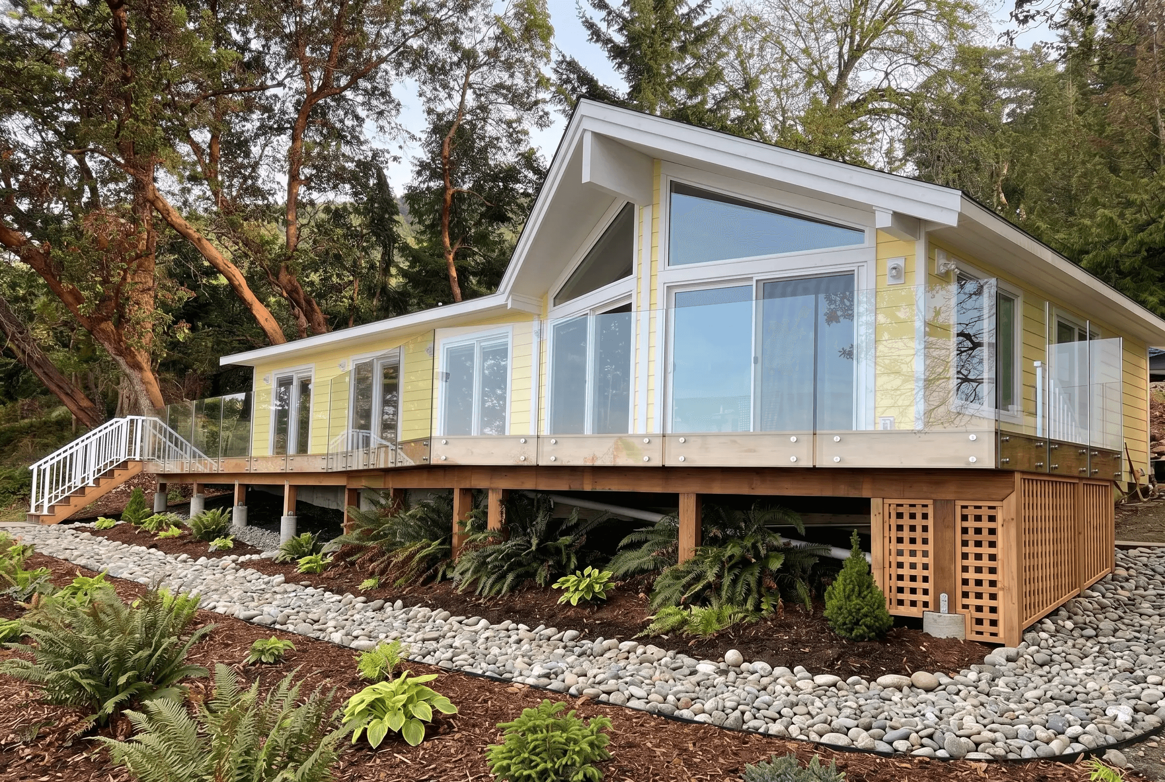 A pale yellow modern home features a high-gabled facade and an expansive wooden deck wrapping around the front. The outdoor space is enclosed by a frameless glass railing system secured directly to the deck's fascia board with metallic standoff pins and bottom railing trails. In the foreground, a beautifully landscaped garden with lush ferns and a decorative river rock path enhances the property's natural, hillside setting.