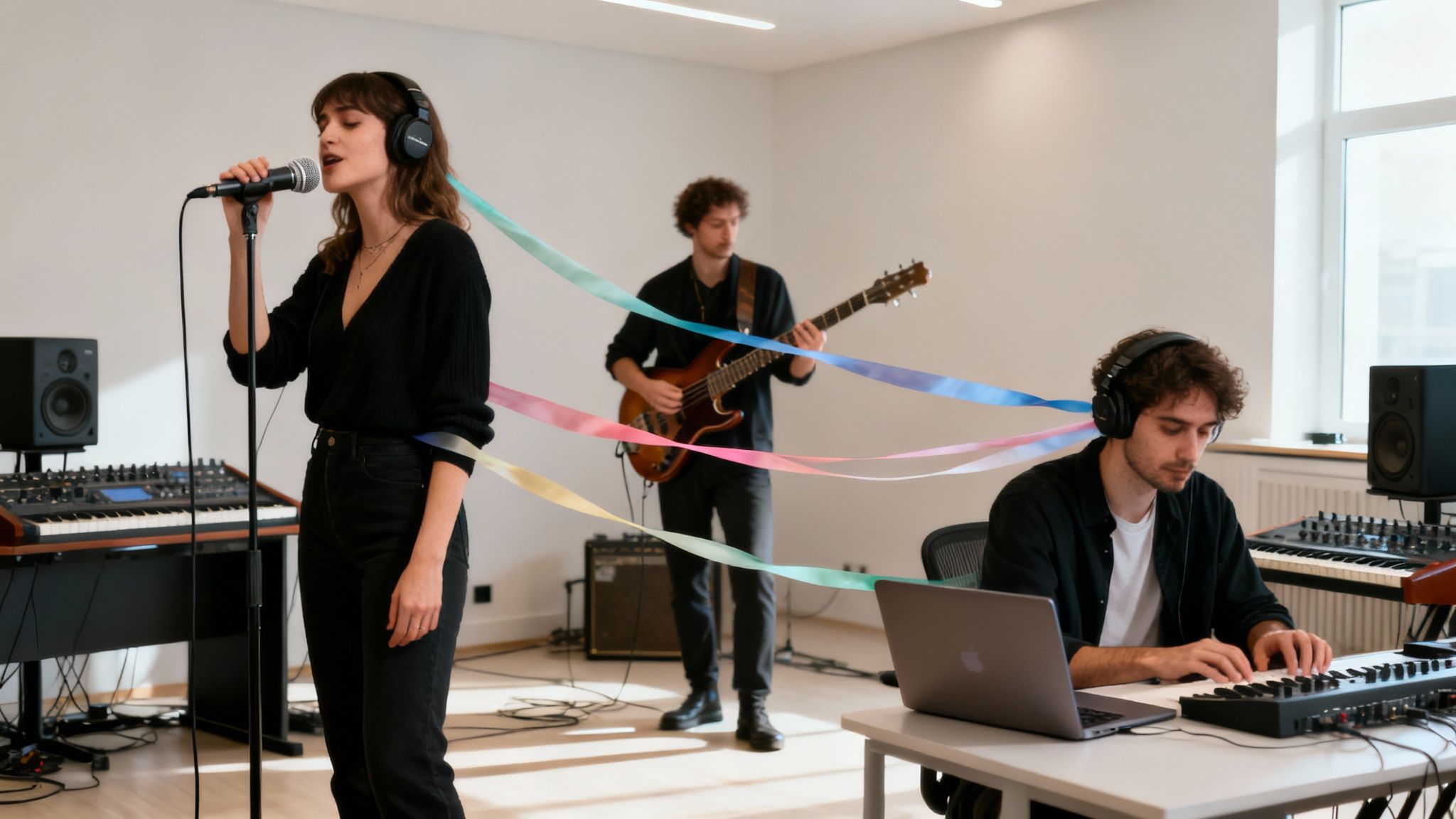 A modern musician working with a digital audio workstation, illustrating the application of counterpoint in contemporary music production.