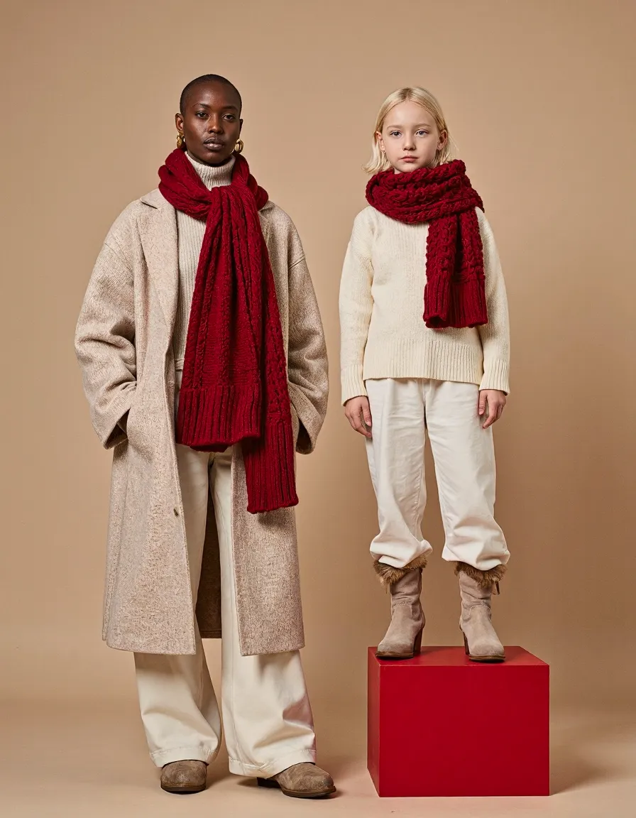 Two models in cream outfits with burgundy scarves against tan background in coordinated winter fashion photography