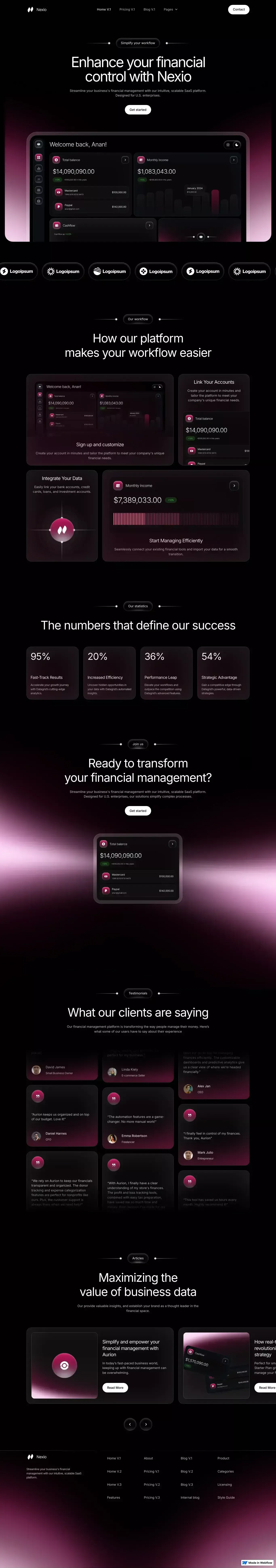 Nexio Webflow Template landing page screenshot showcasing Tech design
