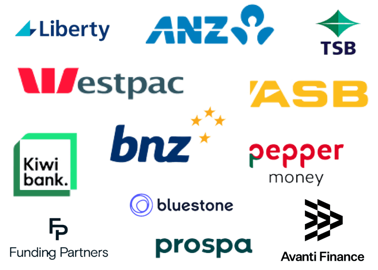 Logos of the top lending and insurance providers Kiwi Adviser Network work with: ANZ, ASB, BNZ, Westpac, Kiwibank, TSB, pepper money, Funding Partners, bluestone, prospa and Liberty.