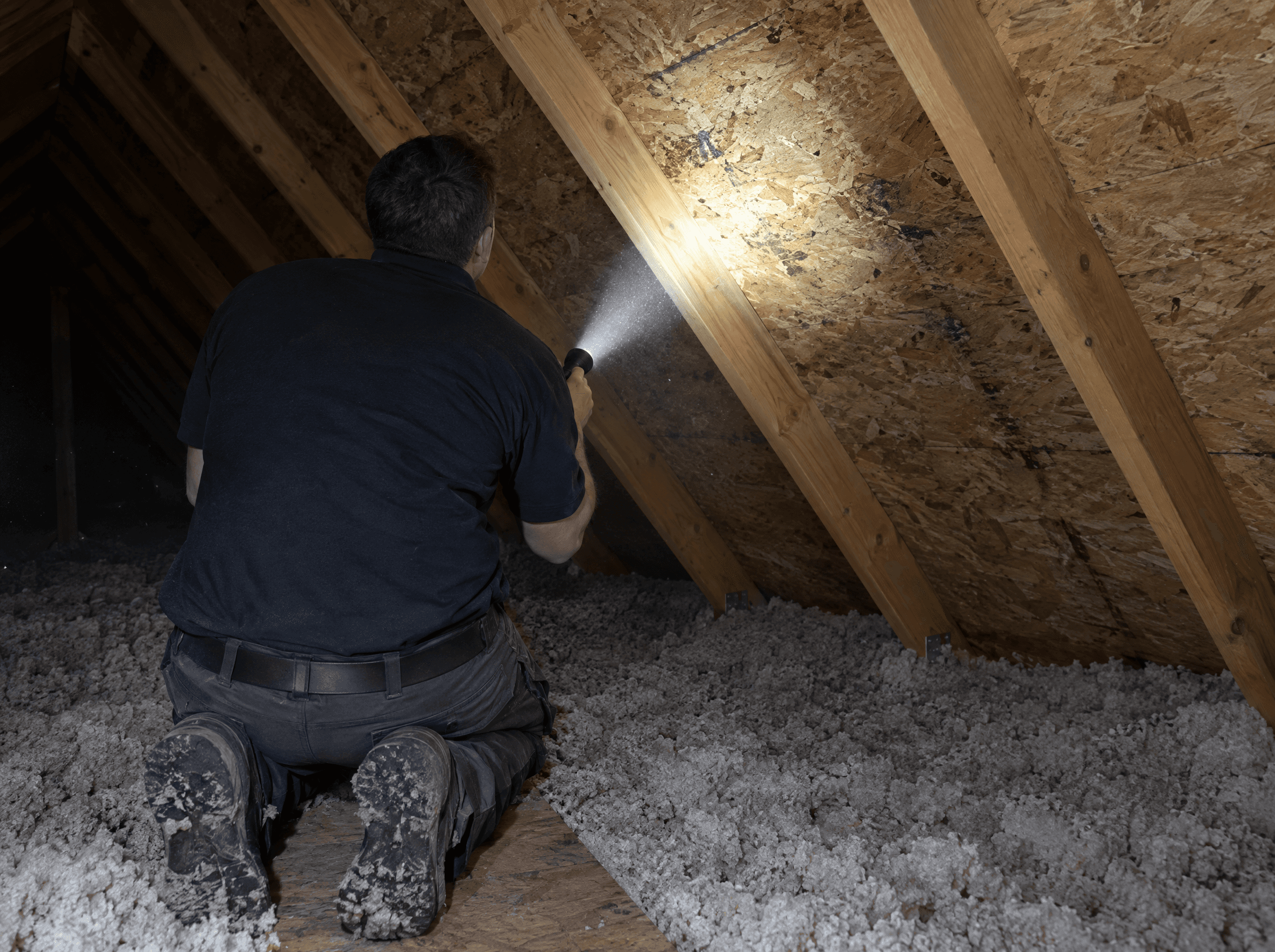 Inspector checking an attic with a flashlight