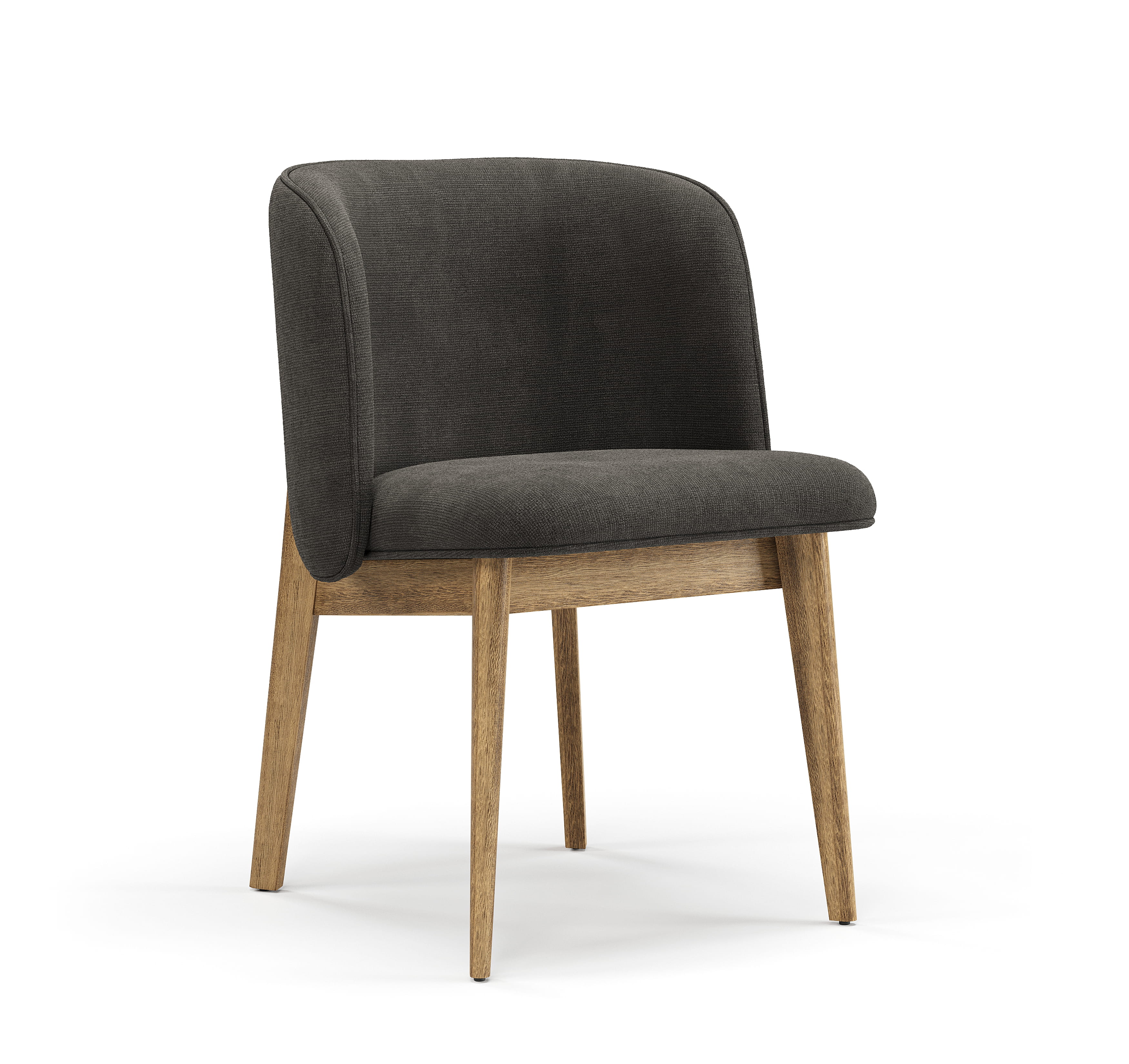 Upholstered dining chair with wooden legs and curved backrest
