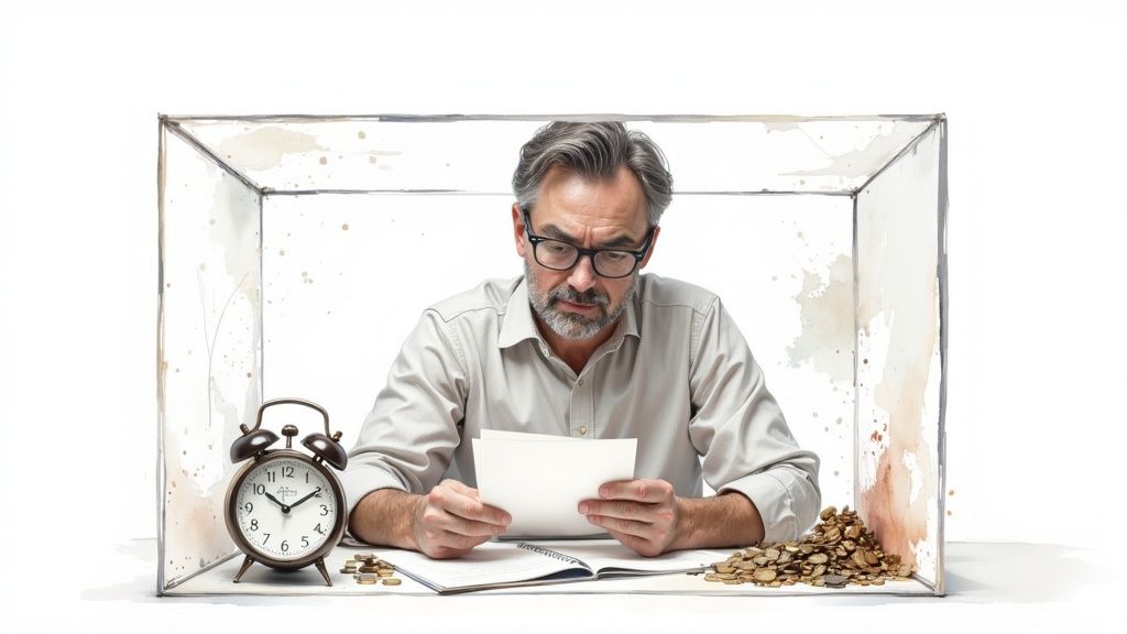 Homme d'affaires mature analysant des documents financiers avec calculatrice et pièces de monnaie