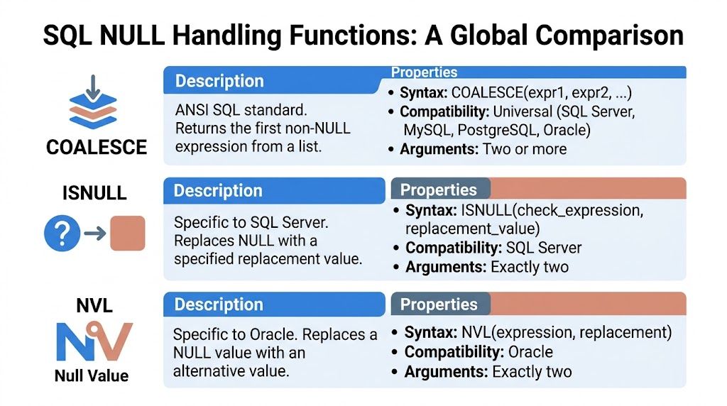 A comparison chart explaining the differences between SQL NULL handling functions COALESCE, ISNULL, and NVL.