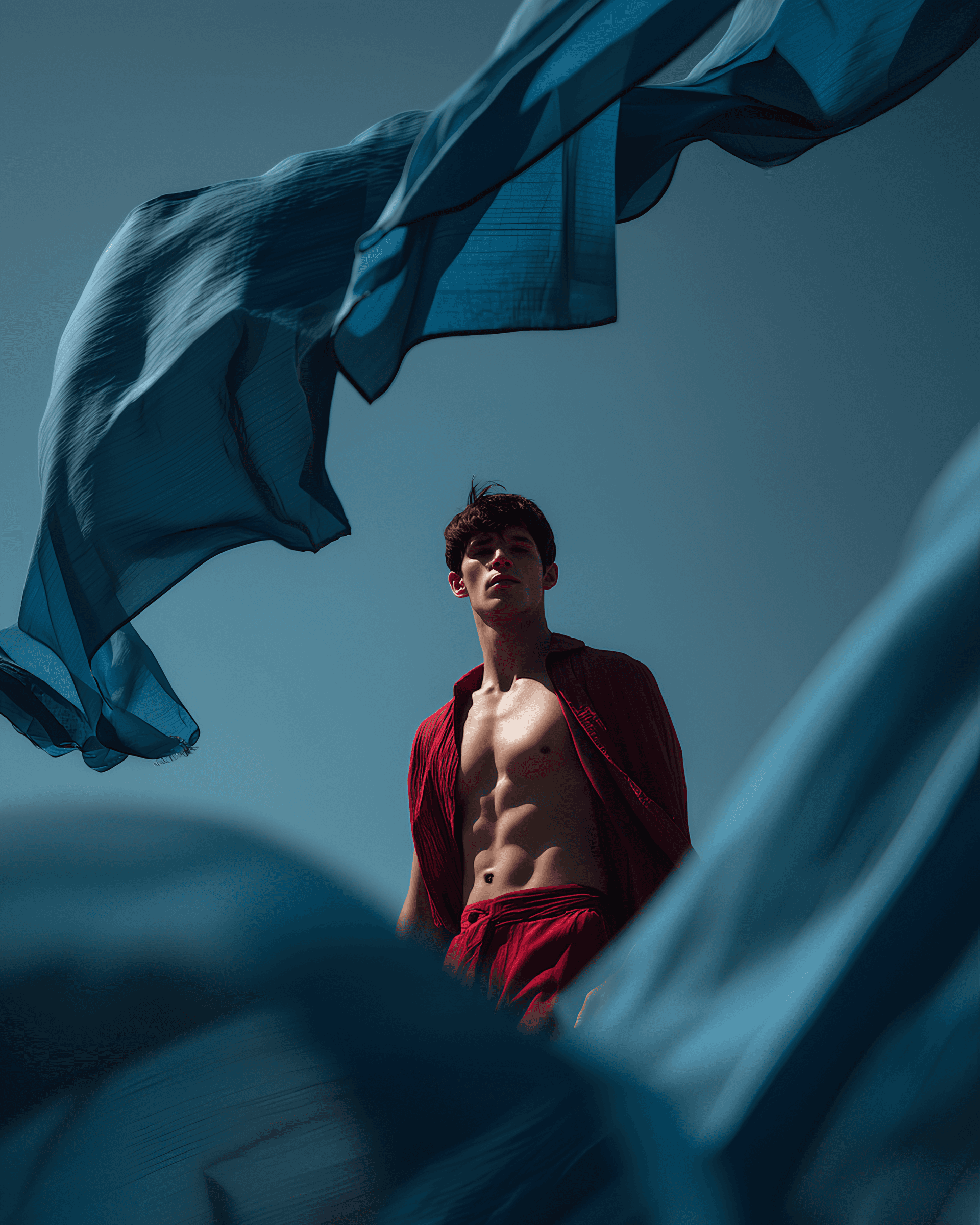 A young man in a red outfit stands under a clear sky, framed by flowing blue fabric, creating a striking and artistic composition.