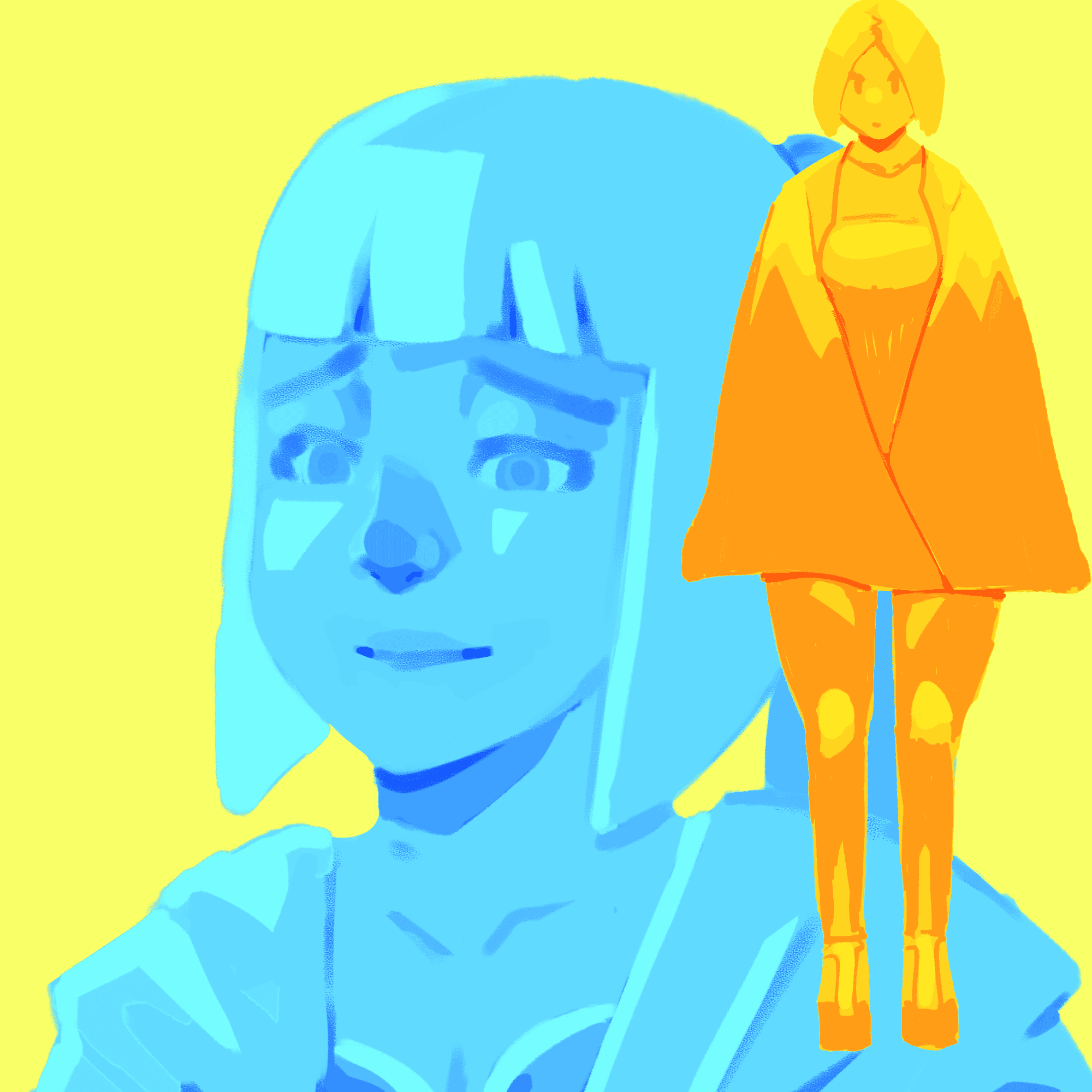 a warm illustration with a lemon yellow background, a closeup of a female character with an all blue face and happy expression next to a vibrant all orange female character standing.