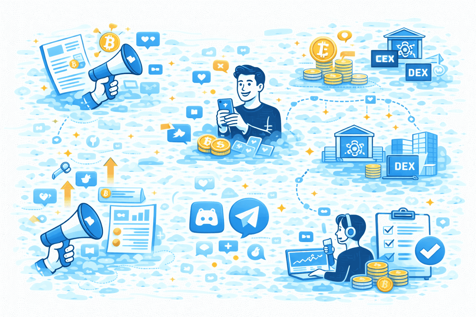 Illustration shows the key services of Web3 & crypto marketing agency that can help with a project growth and development