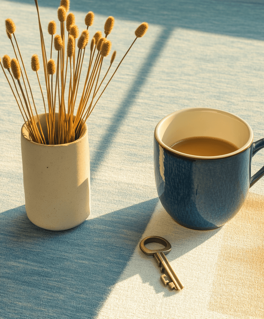 cup of coffee on a table with a key 