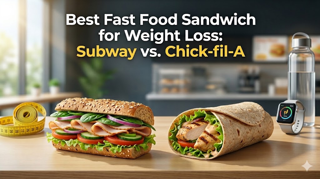 A side-by-side comparison of a customized Subway turkey sandwich on multi-grain bread and a Chick-fil-A grilled chicken wrap on a table. The background shows a modern restaurant setting. Included are weight loss elements such as a yellow measuring tape, a smart watch with a fitness tracker screen, and a clear water bottle. A text headline above the foods reads: “Best Fast Food Sandwich for Weight Loss: Subway vs. Chick-fil-A.” The typography is a mix of white and yellow accents, and the lighting is natural and bright. The aspect ratio is 16:9.