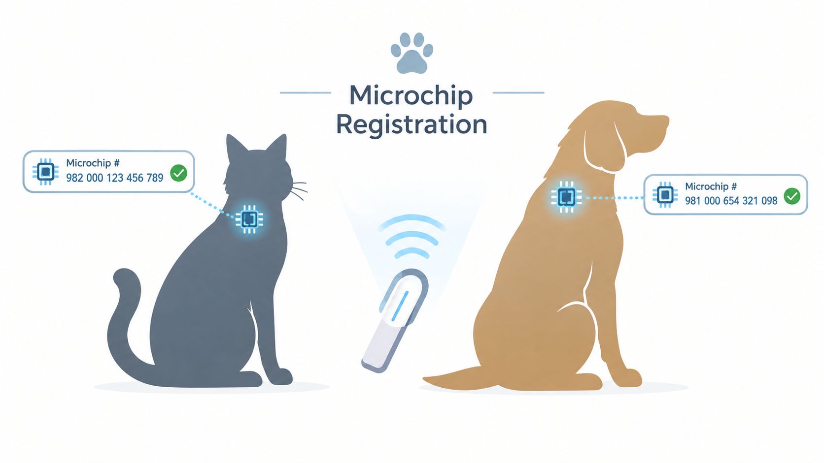 A graphic showing a cat and a dog with digital microchip identification numbers for pet registration.