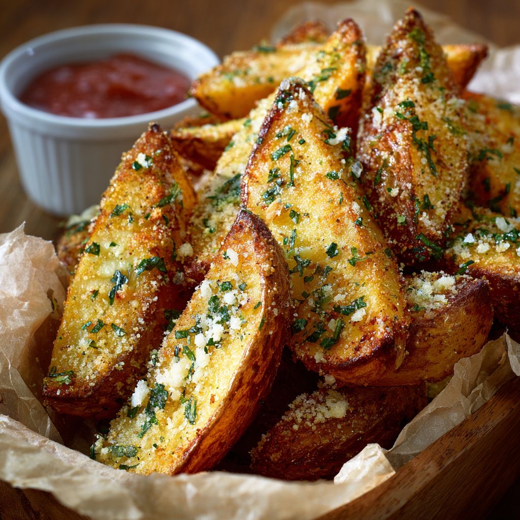 Garlic Parmesan Crusted Potato Wedges from Pasta 9 Toronto made with thick-cut potatoes tossed in garlic butter and Parmesan.