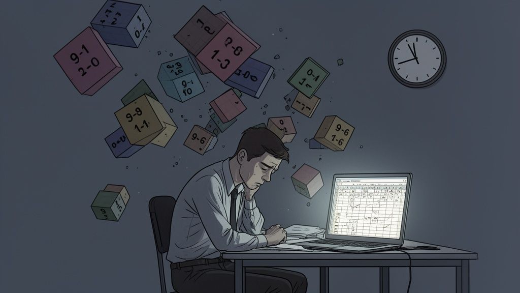 Stressed man working late on a laptop, surrounded by floating number boxes.