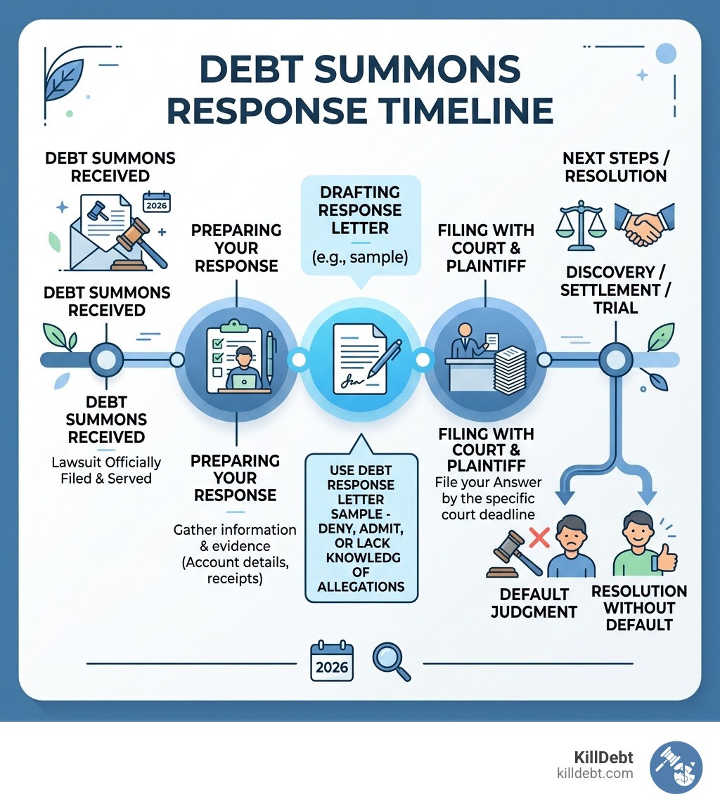 Debt collection lawsuit timeline from summons to default judgment or resolution - debt summons response letter sample