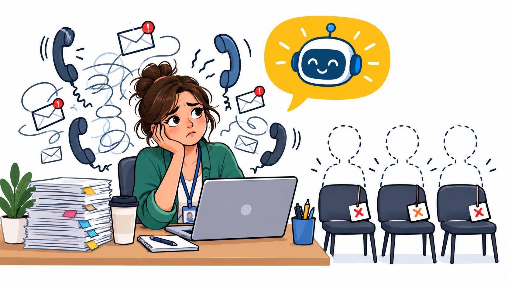 A stressed woman at her desk surrounded by phone calls, emails, and empty chairs needing volunteers.