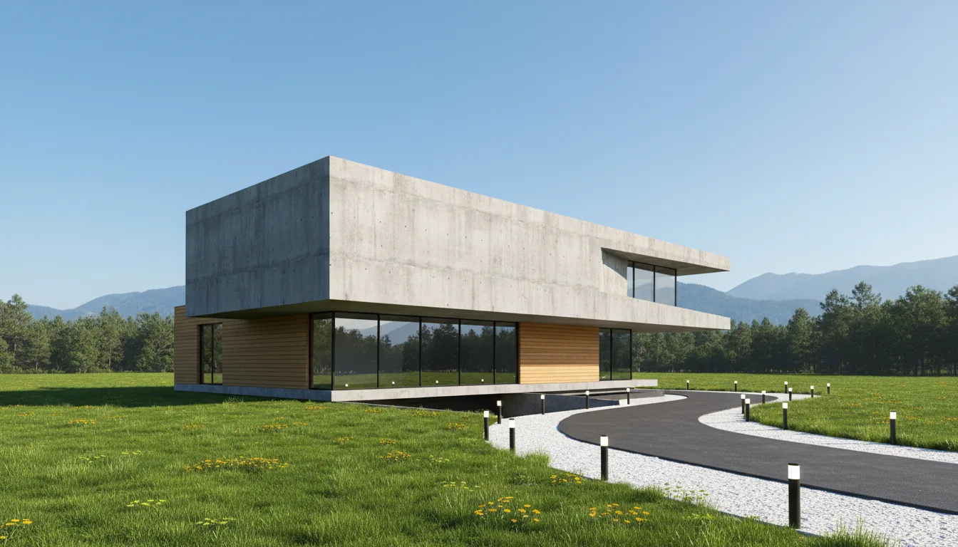 3D render, architectural visualization of a modern brutalist house, featuring sharp deconstructivist angles and a cantilevered upper floor made of raw cast concrete. The lower level has warm horizontal wood siding and large plate-glass windows with black frames reflecting nearby trees. The scene is set under a clear blue sky, with a background of a dense forest and hazy mountains. The foreground includes a green lawn with yellow wildflowers, a driveway made of white gravel and asphalt, and a line of modern black bollard lights. The image is lit by bright natural daylight, creating soft realistic shadows, captured in a wide-angle, hyperrealistic, and highly-detailed shot.