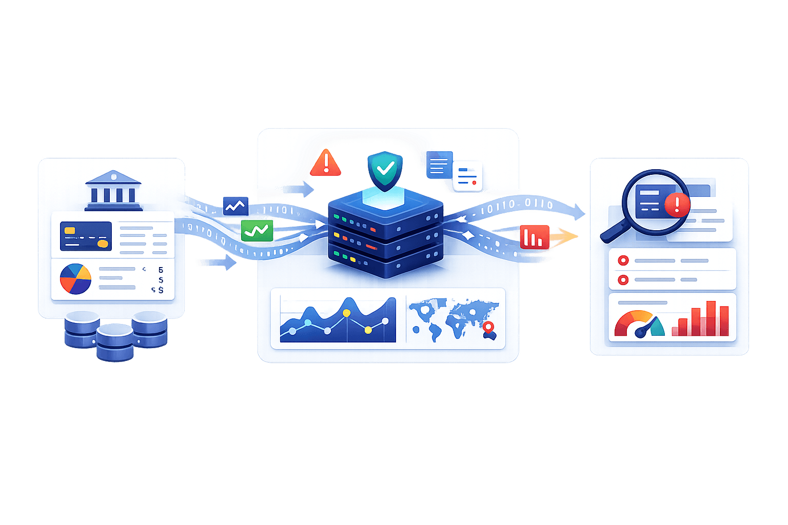 Ilustrasi secure data integration, analytics, dan incident monitoring platform. Di tengah terdapat secure data hub berikon perisai yang mengalirkan data dari berbagai sumber ke modul analitik. Di kiri terlihat sistem institusi/keuangan dengan dashboard dan database, sementara di kanan ditampilkan panel monitoring dan investigasi dengan ikon peringatan, kaca pembesar, gauge risiko, dan grafik performa. Alur panah biner menggambarkan pertukaran data terproteksi, deteksi anomali, dan pemantauan risiko serta kinerja secara real‑time dalam satu ekosistem terintegrasi.