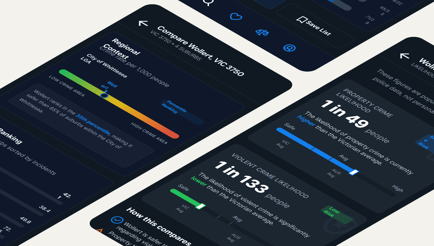 A dark-themed app interface for Suburb Check