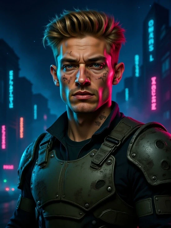 Cyborg male warrior battle-damaged photo by AI portrait generator