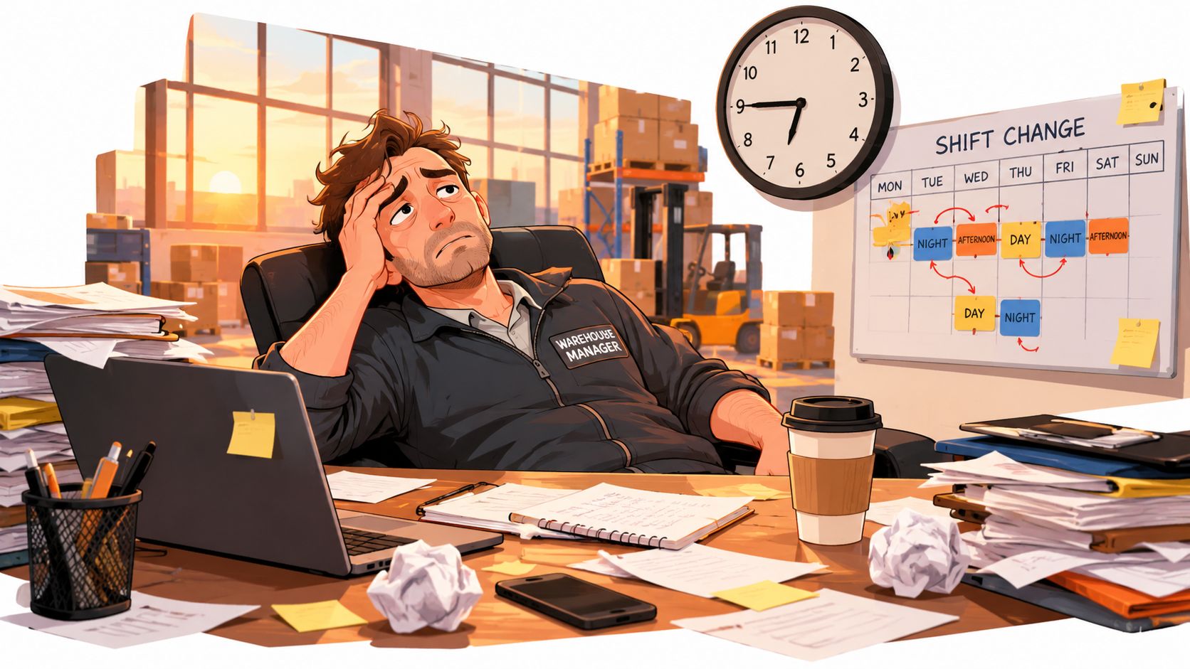A tired warehouse manager sits at a cluttered desk looking overwhelmed by complex shift scheduling tasks.