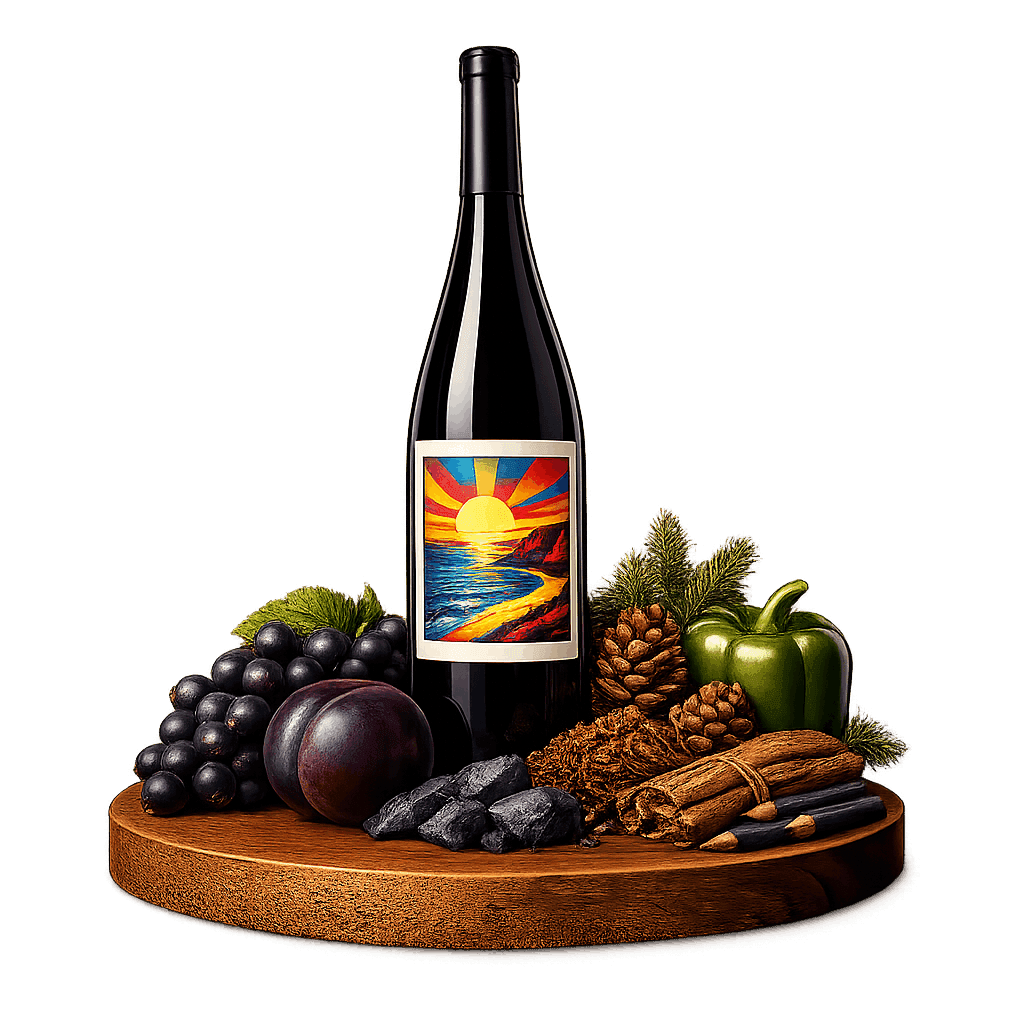 Artistic label and flavor profile for Krasnodar Cabernet Sauvignon on a rustic wooden table.