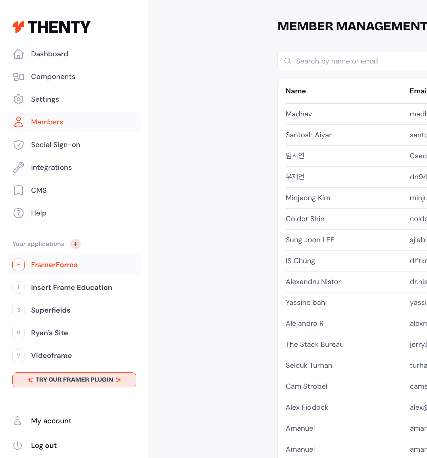 Thenty admin dashboard showing member list and authentication actions