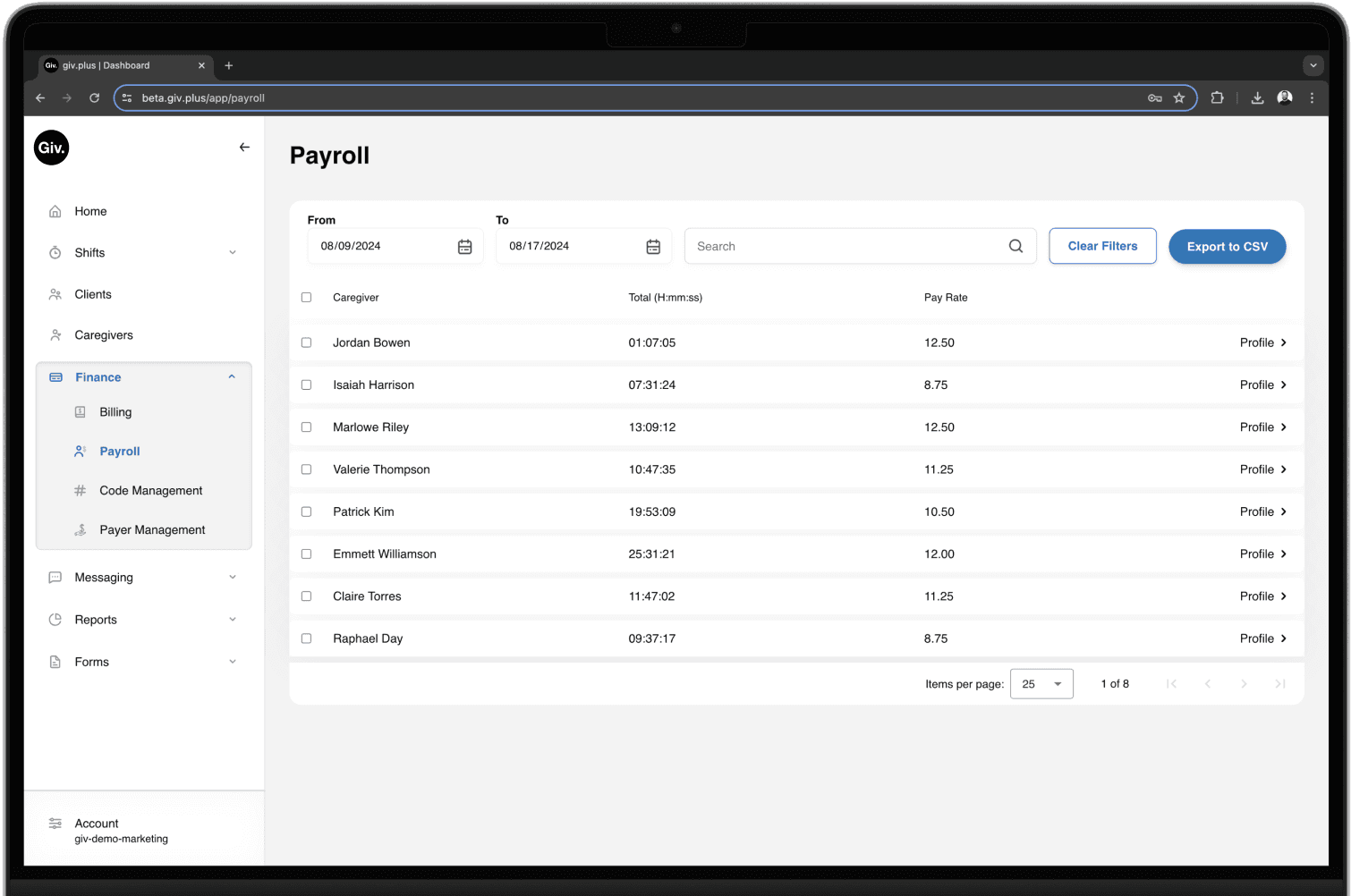 Giv payroll software on a screen.