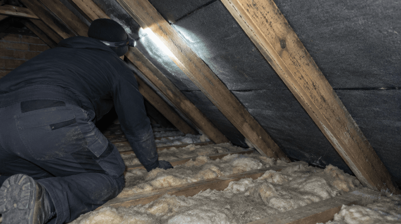 A person wearing a head torch inspecting the rafters and roofing felt inside a loft.