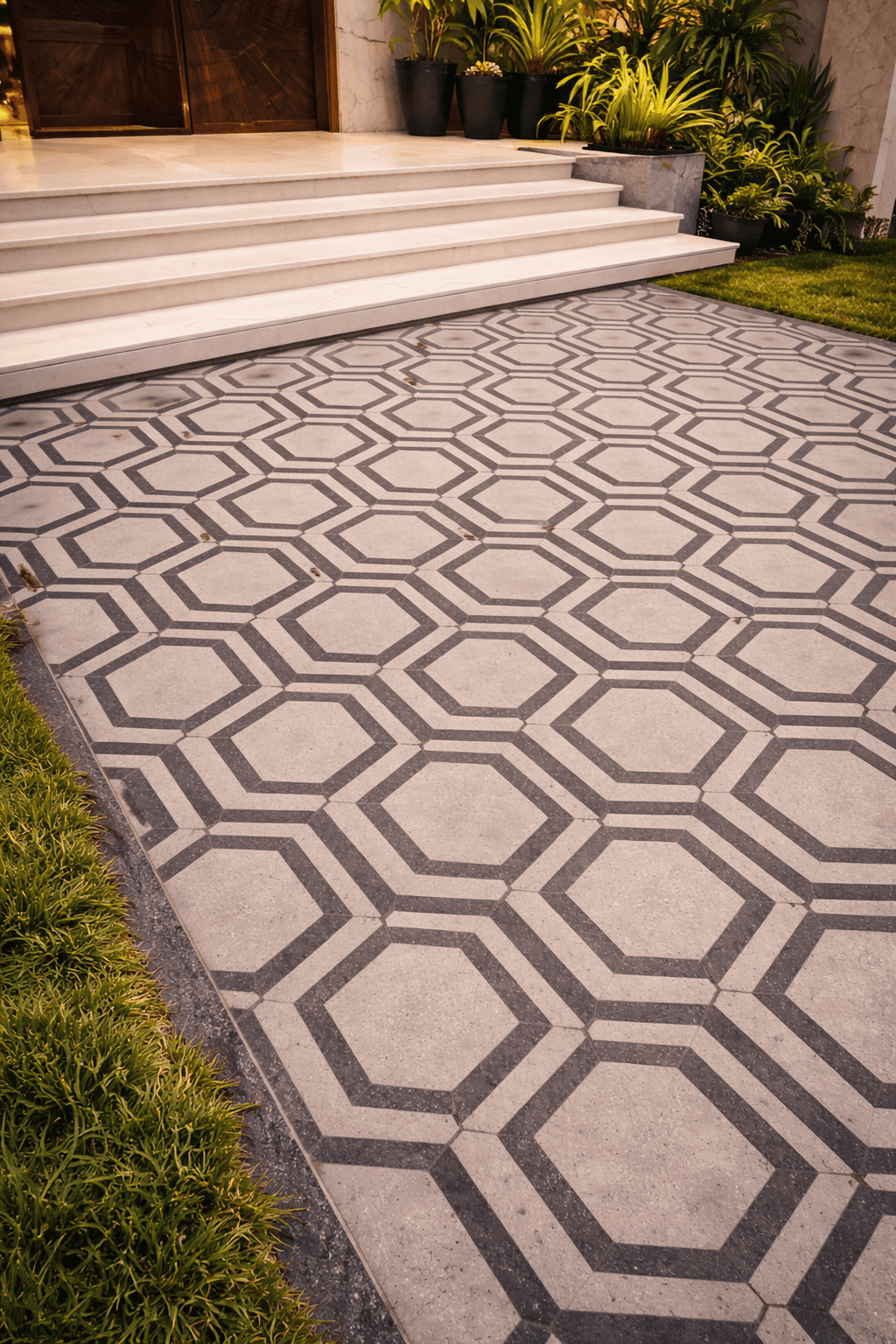 Hexa stone surface showing modular hexagonal geometric pattern for contemporary flooring design