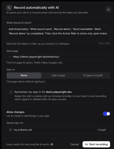 Clevera's Record automatically with AI form filled in for TodoMVC: the three-todo instruction, start page demo.playwright.dev/todomvc, sign-in set to None and Allow changes switched on