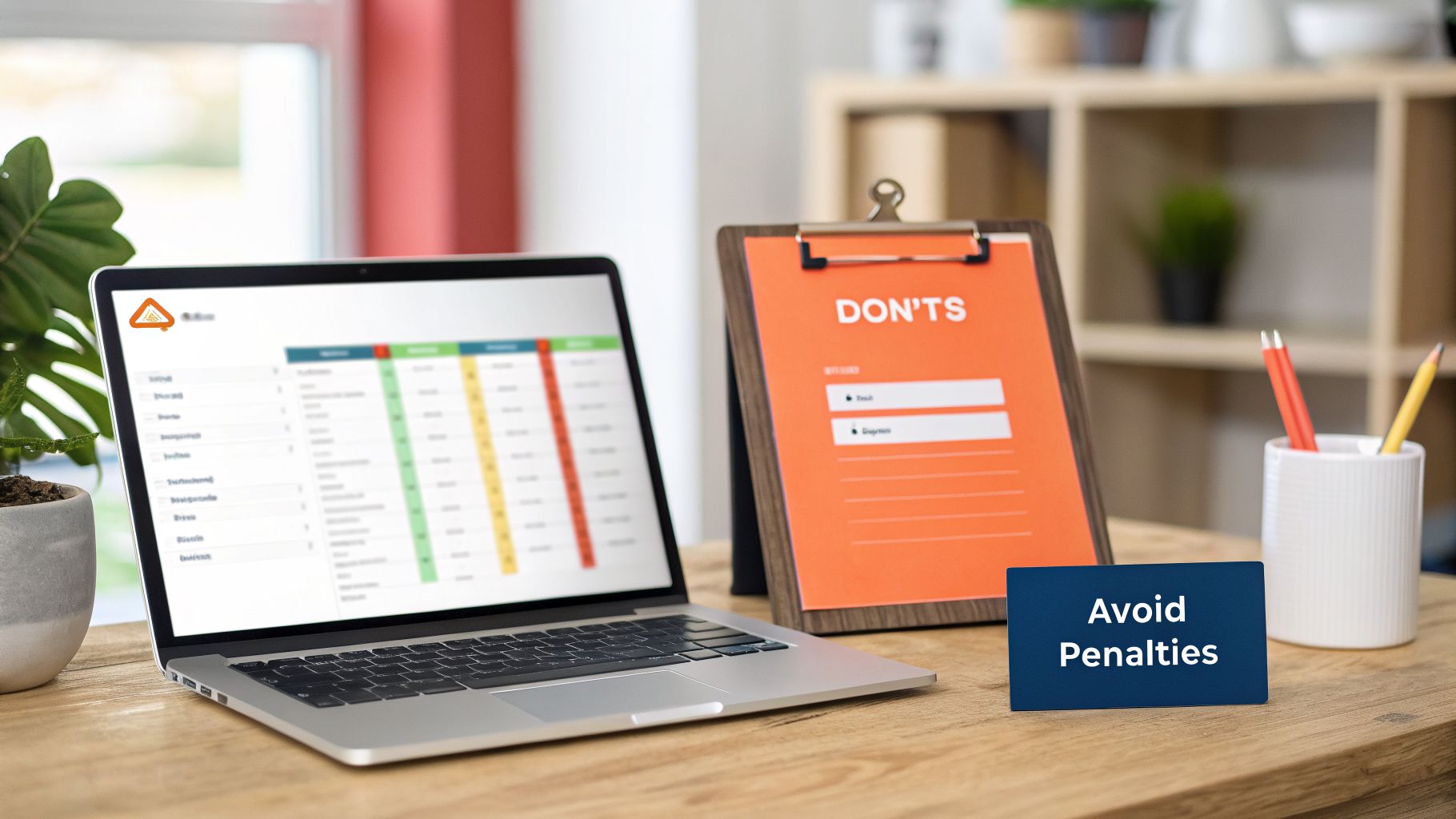 A desk with a laptop showing a data sheet, a 'DON'TS' clipboard, and an 'Avoid Penalties' sign.