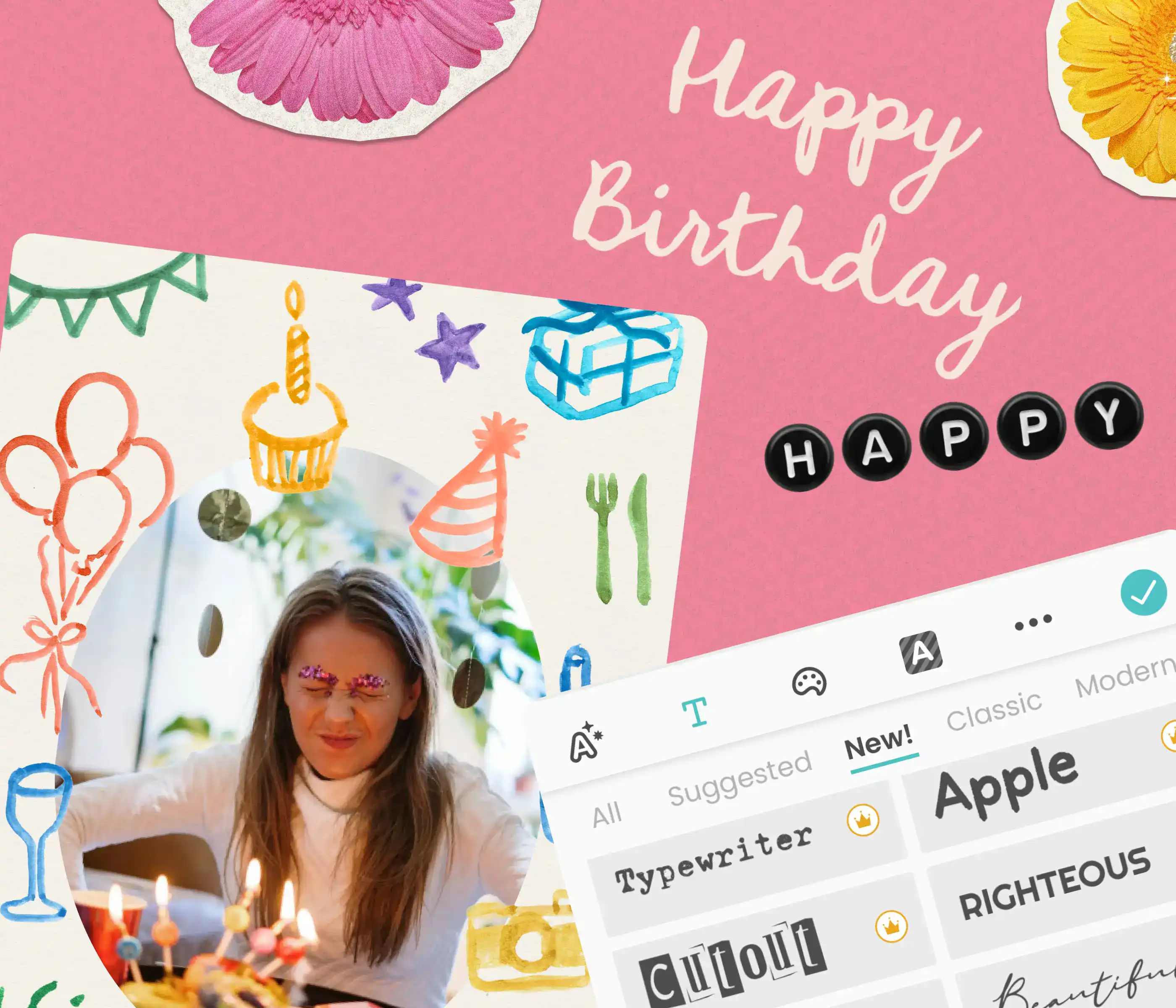Pink Happy Birthday card with bead-letter title and hand-drawn party doodles for personalizing your message