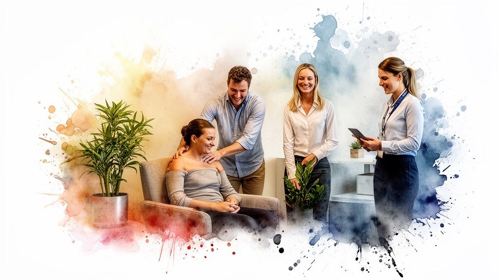 Cuatro personas sonríen en un entorno de oficina con toques de acuarela. Un hombre da un masaje a una mujer.