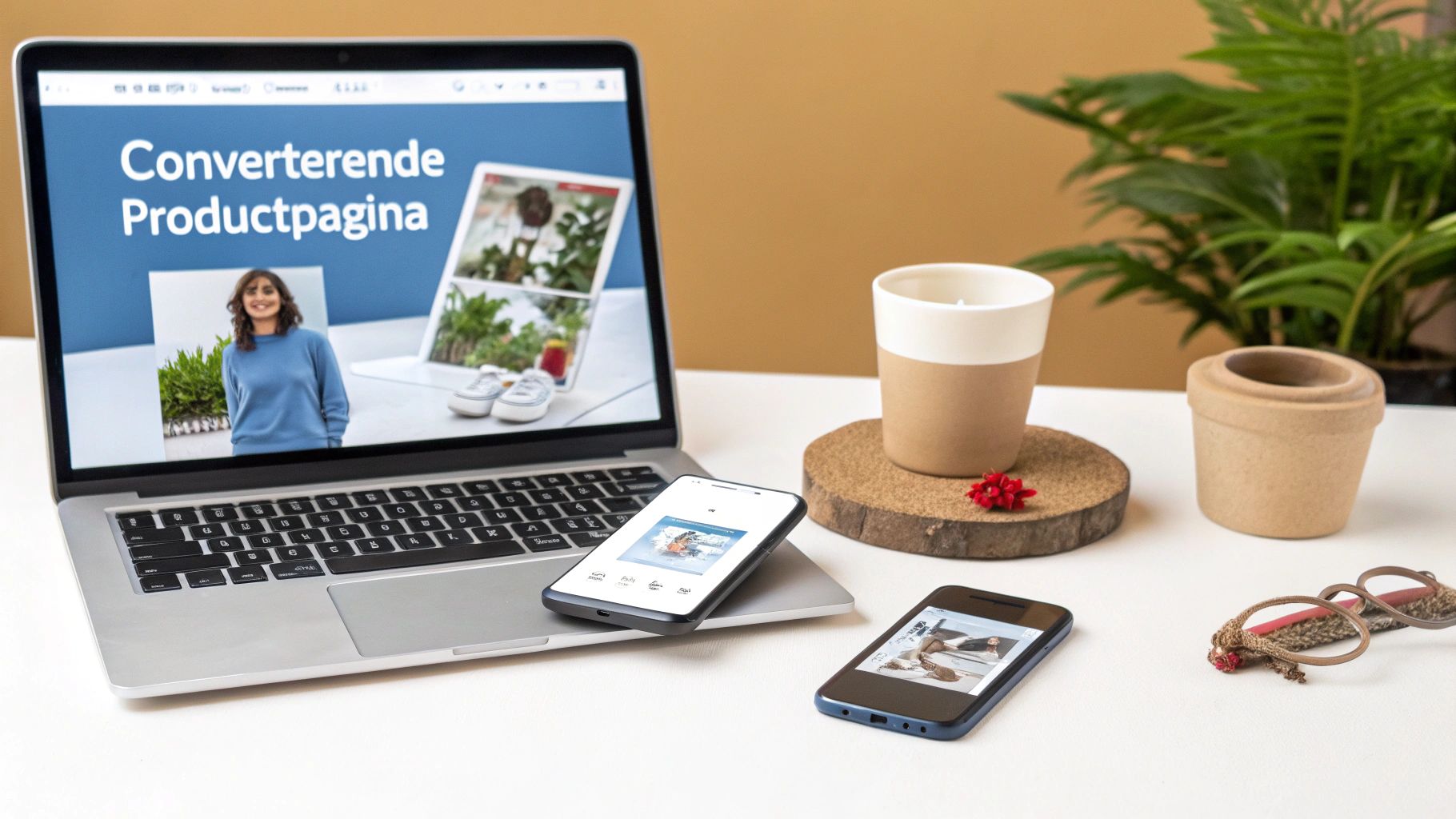 Laptop op een wit bureau toont een conversiegerichte productpagina, vergezeld van smartphones, een kaars en een plant.