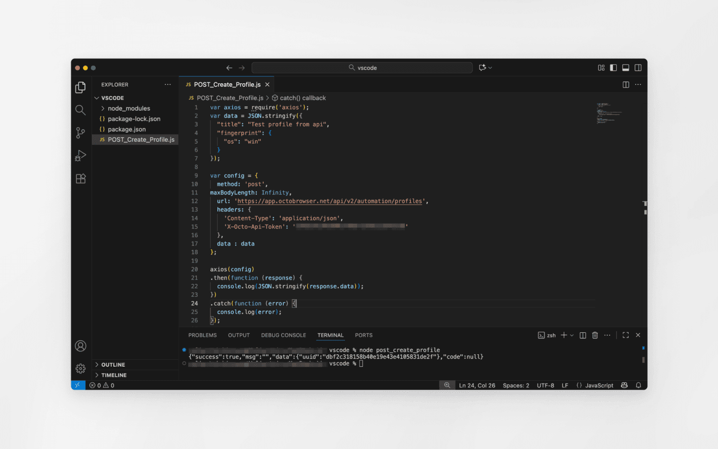 Run the script with the command node <filename> (for example, node post_create_profile)."