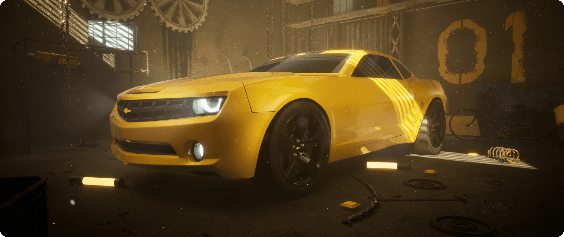 An unreal engine 5 cinematic render of Chevrolet Camaro in a lake side garage environment.