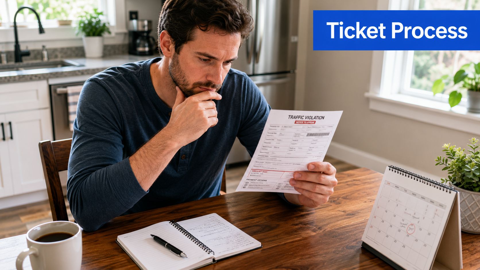 A man sits at a wooden table looking stressed while reviewing a traffic violation citation paper.