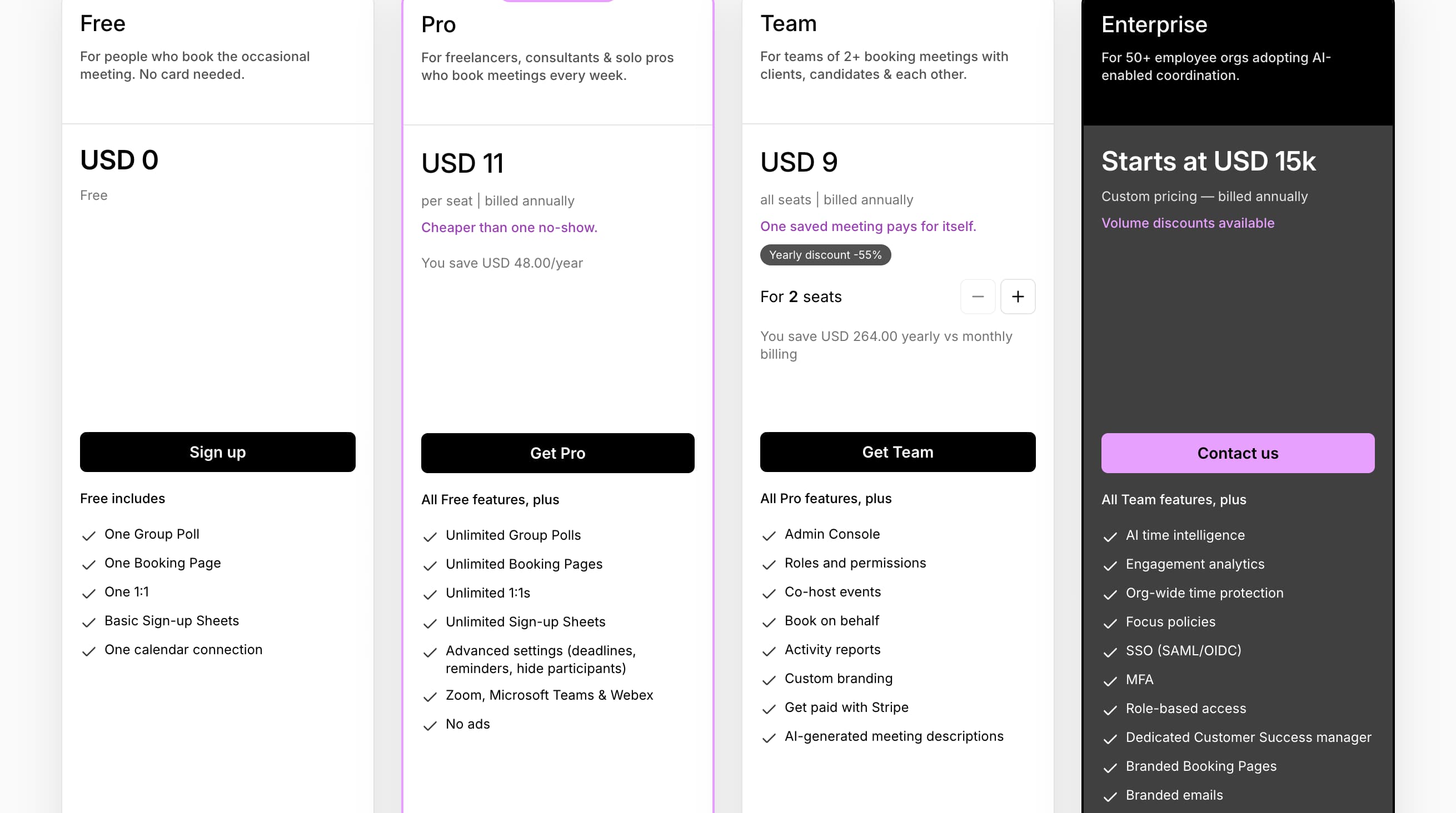 doodle pricing page showing subscription plans and feature comparisons