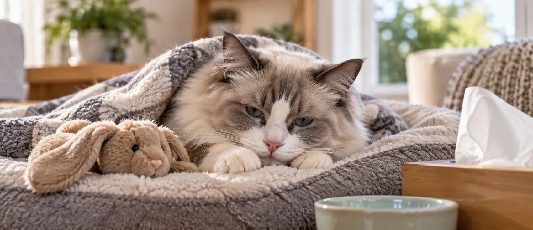 Ragdoll cat curled up under a blanket beside a tissue box, looking unwell.