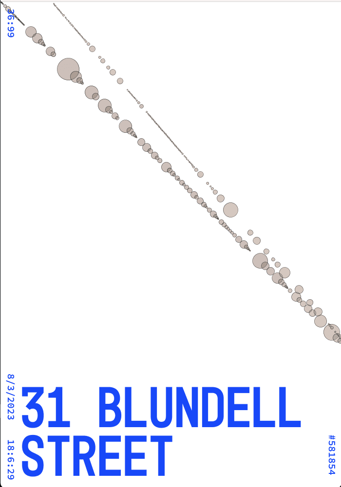 Abstract diagonal pattern made of shaded circles above bold blue text reading 31 Blundell Street