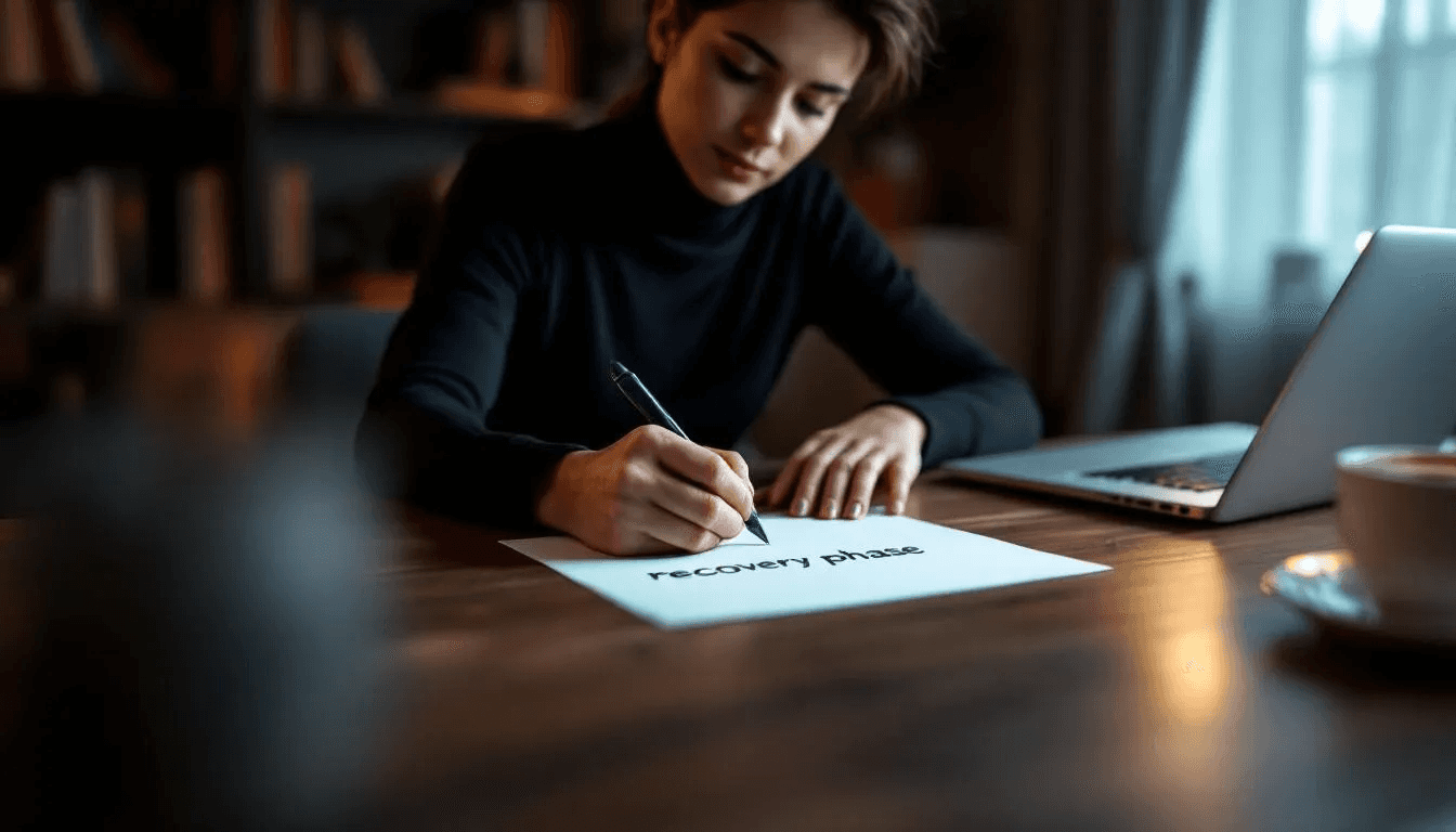 A person is carefully writing down a recovery phrase on a piece of paper, ensuring it is stored securely to protect their crypto assets. This step is crucial for maintaining maximum security for their bitcoin wallet and preventing loss of access to their digital assets.