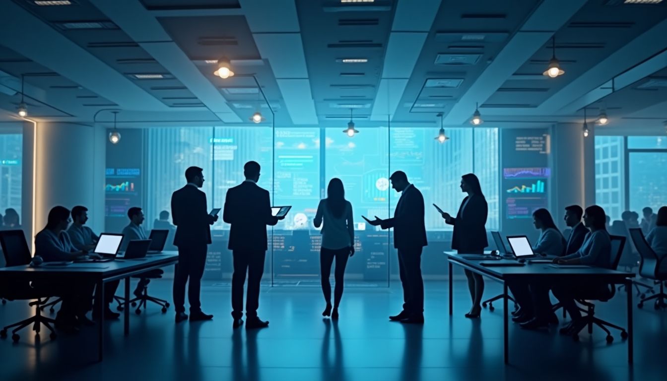 Silhouettes of professionals in a modern office meeting.