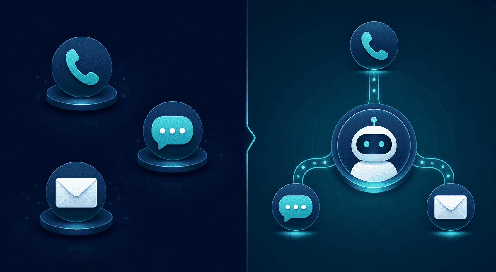 A split visual showing two contrasting support workflows: on one side, three separate disconnected channels — a phone, a chat bubble, and an email envelope — each floating in isolation with no connection between them, representing fragmented customer support; on the other side, the same three channels flowing together into a single unified hub, symbolizing seamless multi-channel AI resolution. Clean, modern flat design with a dark navy and teal color palette, enterprise aesthetic, no text or labels anywhere.
