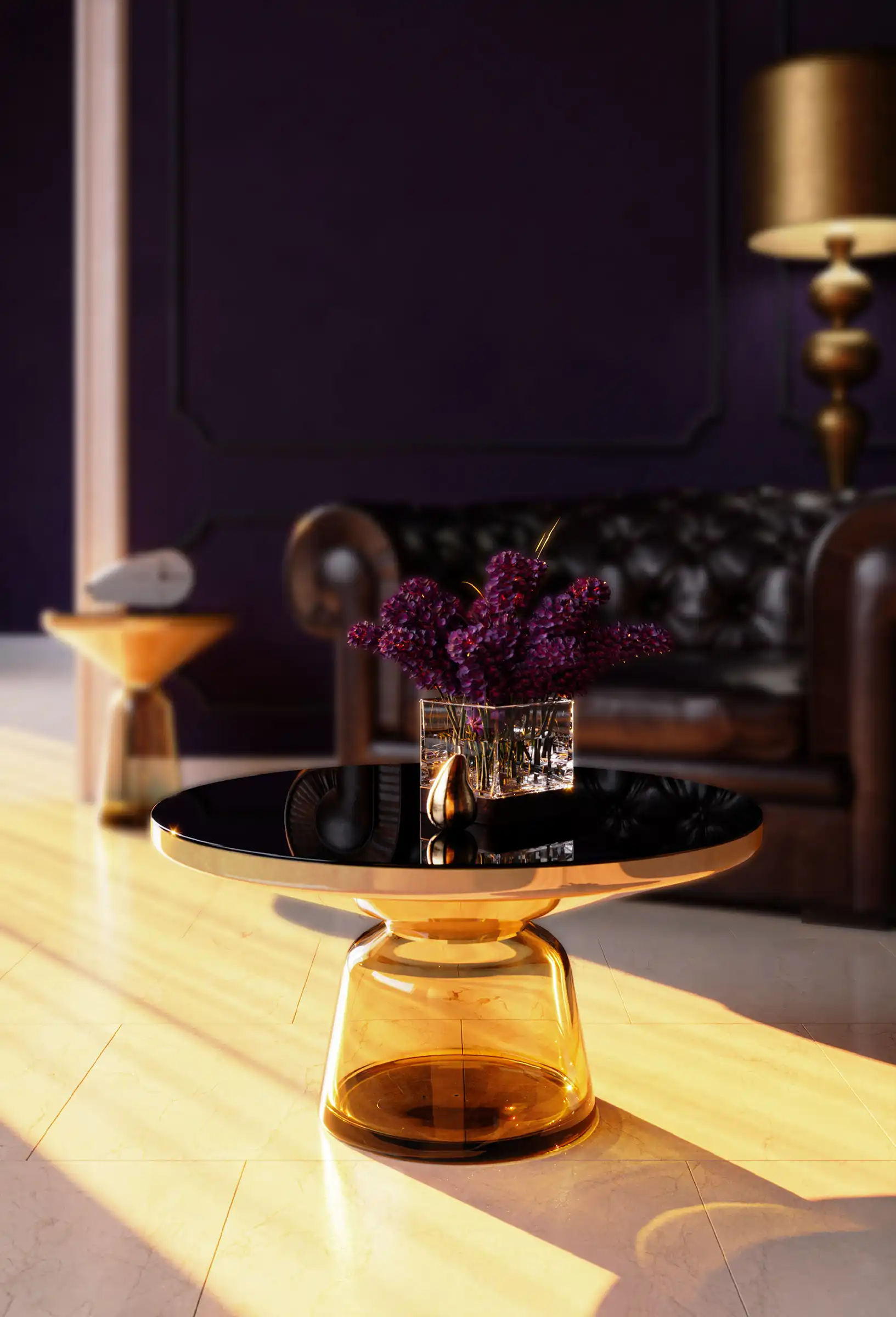 Modern luxury coffee table with amber glass base and black glass top, featuring a crystal vase with purple flowers on polished marble floor. Elegant interior design.