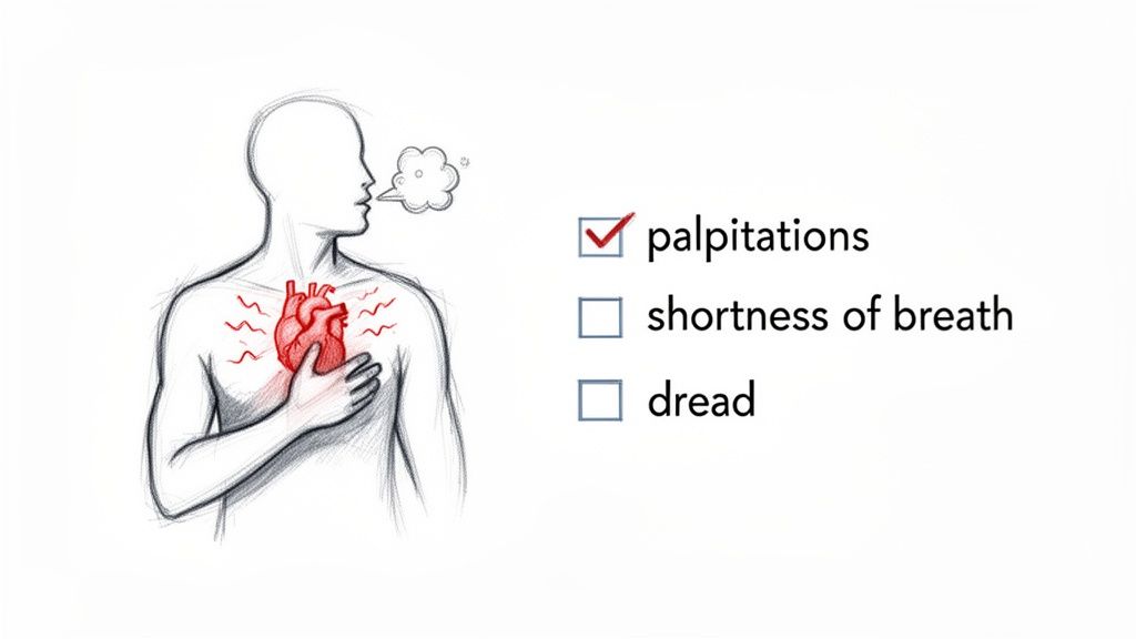 Illustration of a person experiencing palpitations, clutching their chest with a red heart visible.