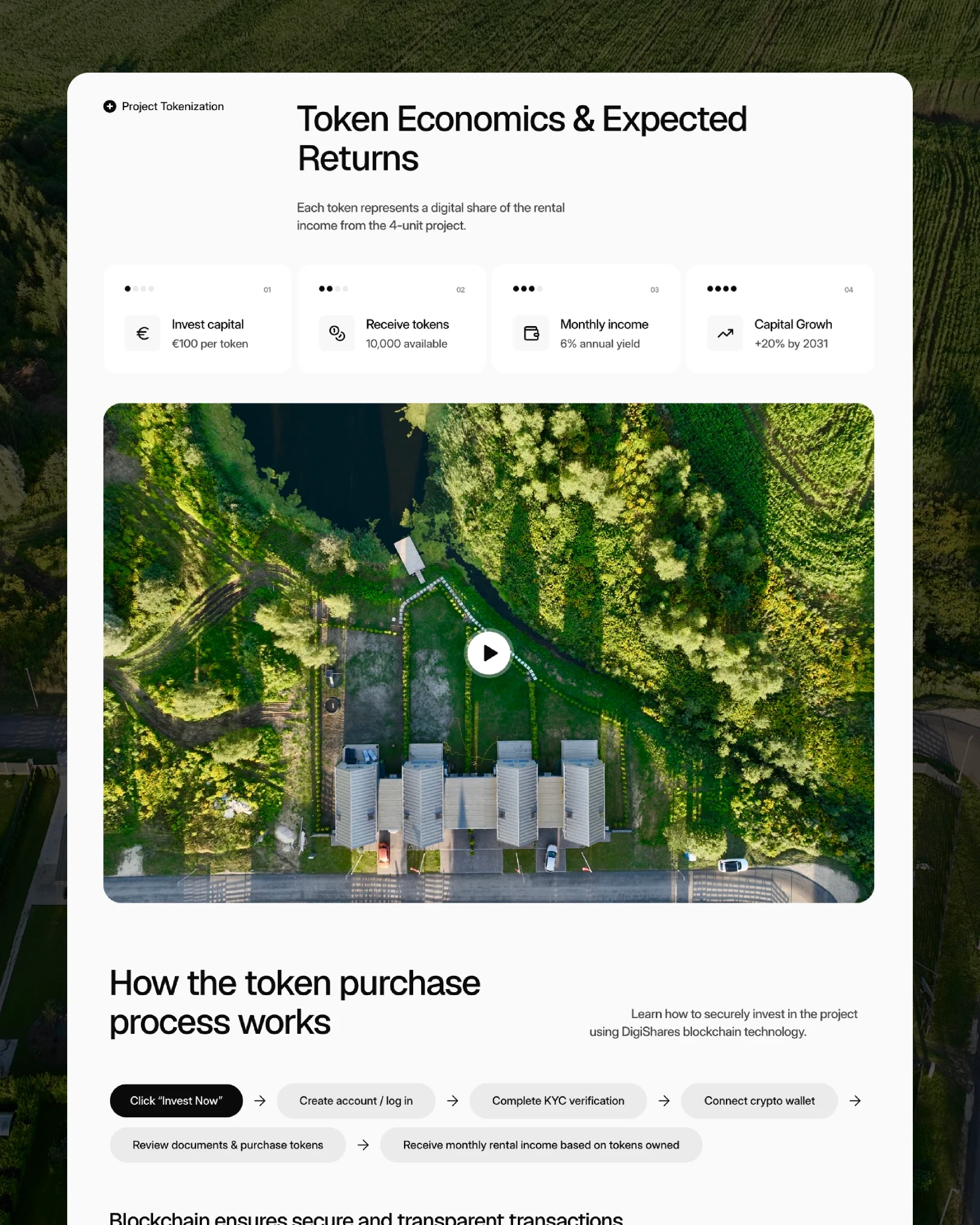 Grande Build token economics section showing price per token and annual yield, with property video — UI design by Luna UI design studio