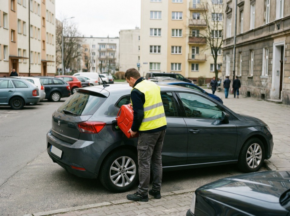 dowóz paliwa do samochodu na poboczu drogi przez pomoc drogową